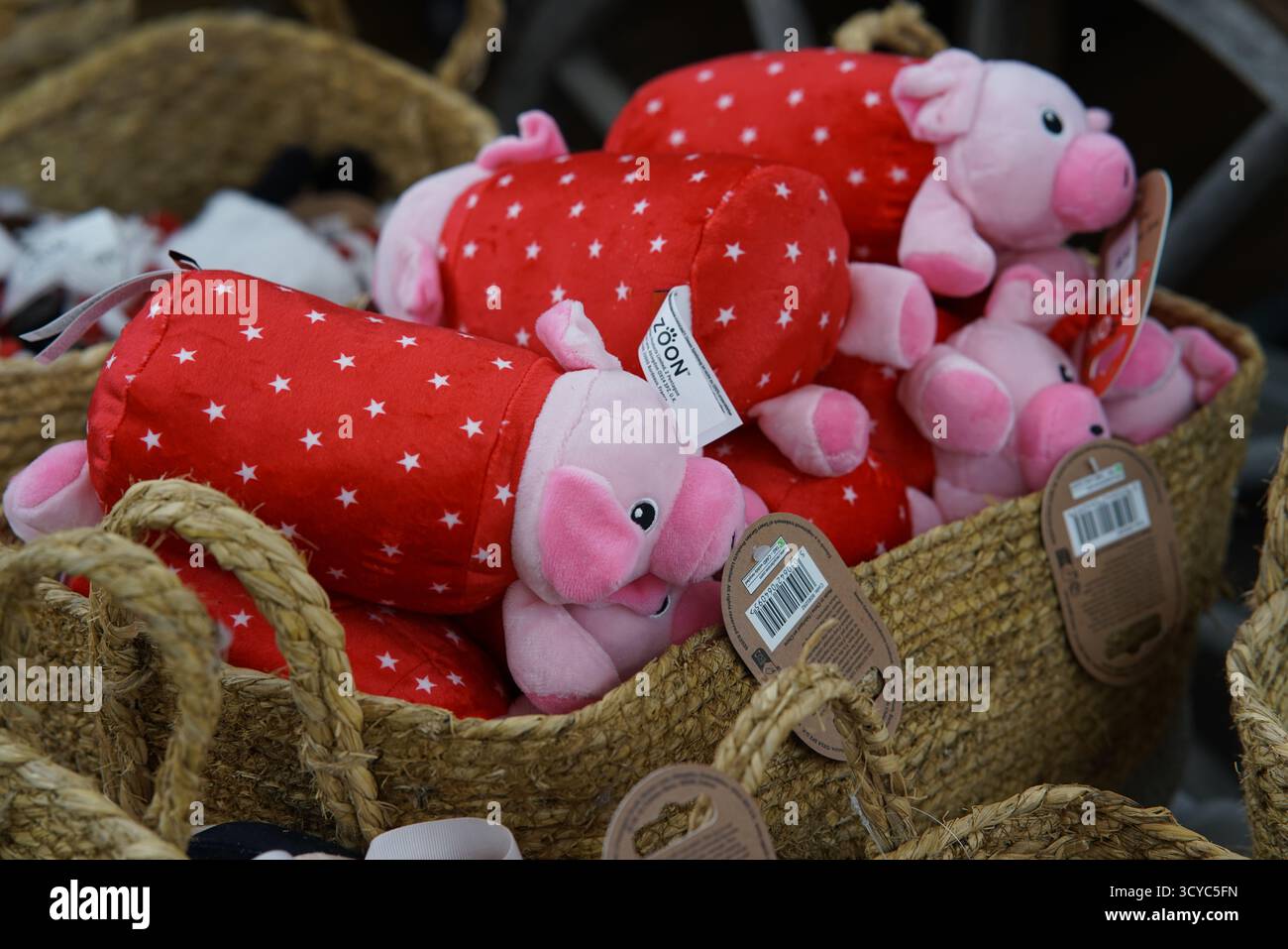 Plüschspielzeug mit rotem Sternmuster, das während der festlichen Jahreszeit im Haskins Garden Centre in gewebten Körben ausgestellt wird. Stockfoto