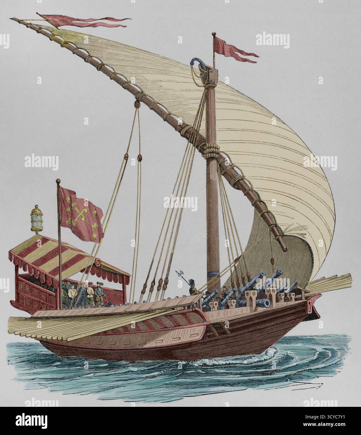 Päpstliche Galeere mit großen Stangen, Segeln, Rudern und schwerer Artillerie. Version eines Stiches von Frans Huys (ca. 1522–1562) aus dem 19. Jahrhundert 1550 nach einer Zeichnung von Brueghel dem Älteren (ca. 1525–1569). "Vie Militaire et Religieuse au Moyen Age et à l'Epoque de la Renaissance". Paris, 1877. Farbig. Stockfoto