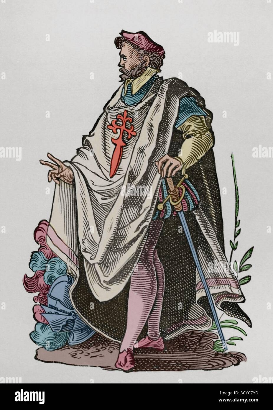Ritter des Ordens von Santiago. Stich aus dem 19. Jahrhundert, Faksimile einer Illustration in Cleri totius Romanae Ecclesiae subiecti von Francois Modius und Jost Amman. Frankfurt, 1585. 'Vie Militaire et Religieuse au Moyen Age et à l'Epoque de la Renaissance' Paris, 1877. Farbig. Stockfoto