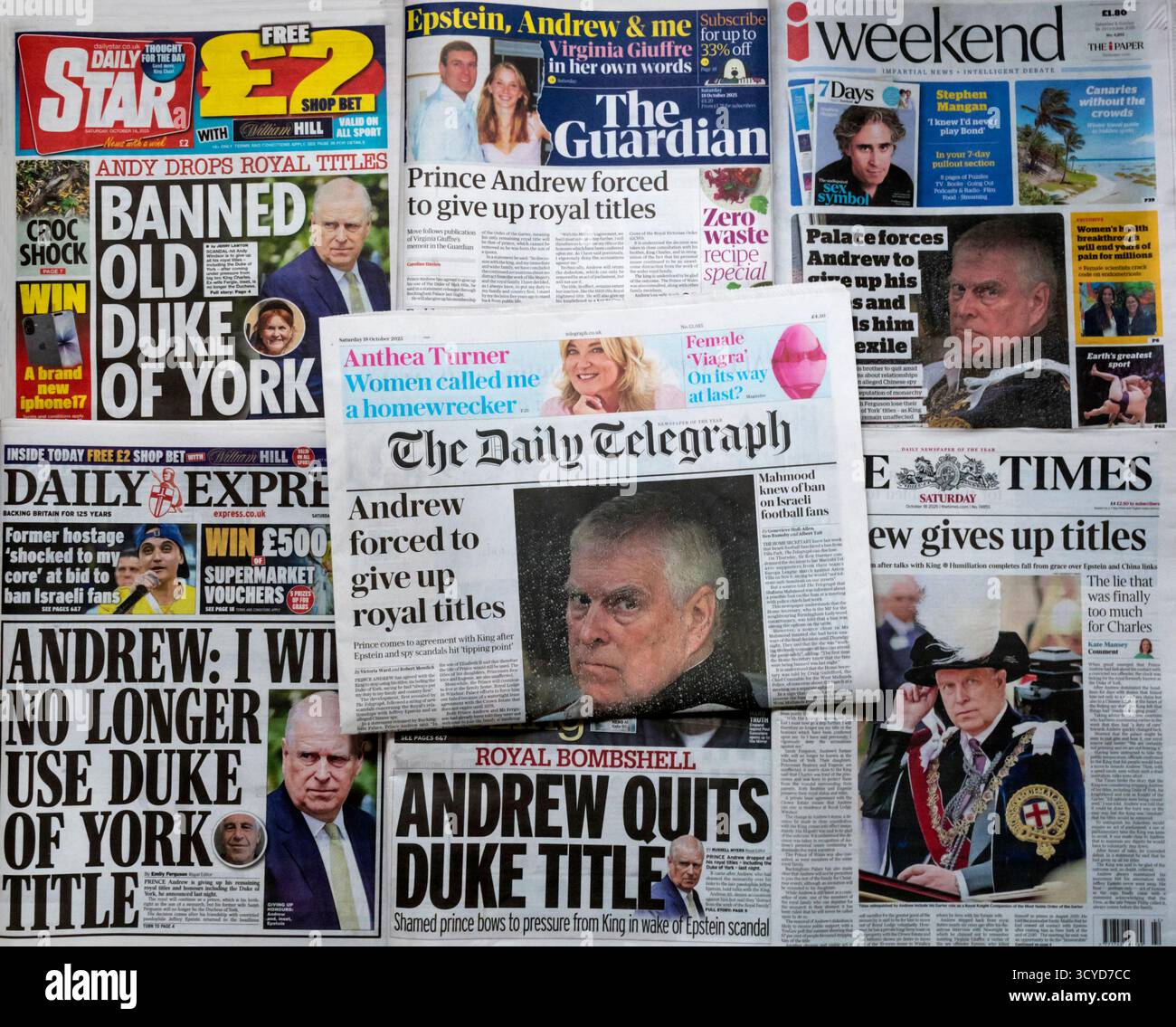 18. Oktober 2025. Die Schlagzeilen der britischen Zeitung reagieren auf die Nachricht, dass Prinz Andrew seine königlichen Titel aufgeben wird. Stockfoto 18. Oktober 2025. Die Schlagzeilen der britischen Zeitung reagieren auf die Nachricht, dass Prinz Andrew seine königlichen Titel aufgeben wird. Stockfoto