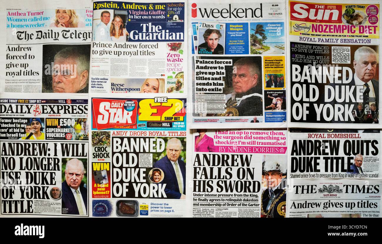 18. Oktober 2025. Die Schlagzeilen der britischen Zeitung reagieren auf die Nachricht, dass Prinz Andrew seine königlichen Titel aufgeben wird. Stockfoto 18. Oktober 2025. Die Schlagzeilen der britischen Zeitung reagieren auf die Nachricht, dass Prinz Andrew seine königlichen Titel aufgeben wird. Stockfoto