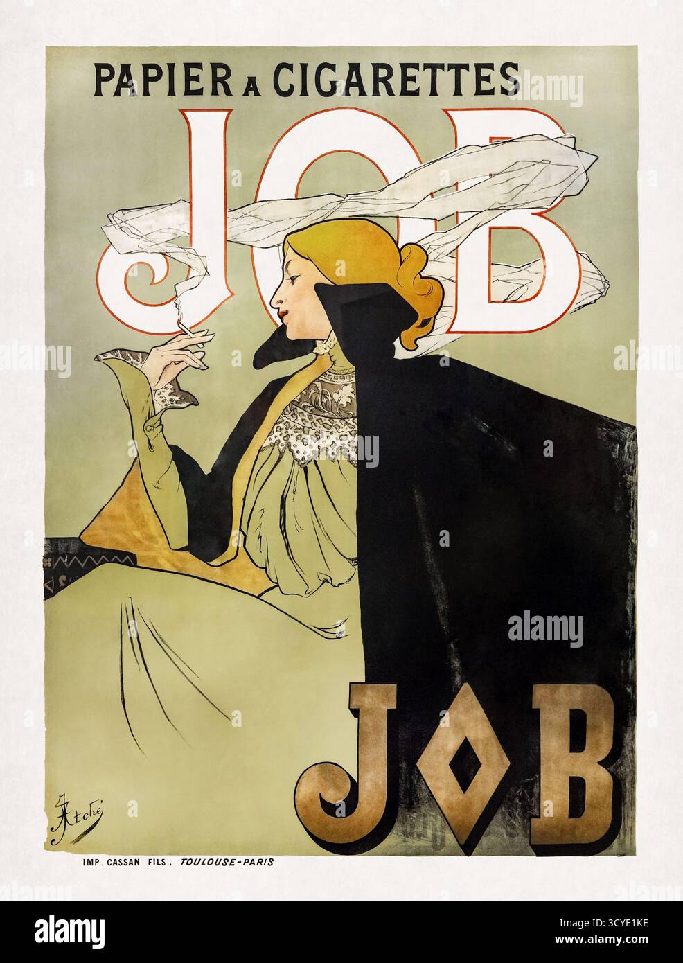 Art-Nouveau-Farb-Lithographie-Poster von Jane Atché einer Frau, die eine Zigarette raucht, um JOB-Zigarettenpapier zu bewerben. Stockfoto