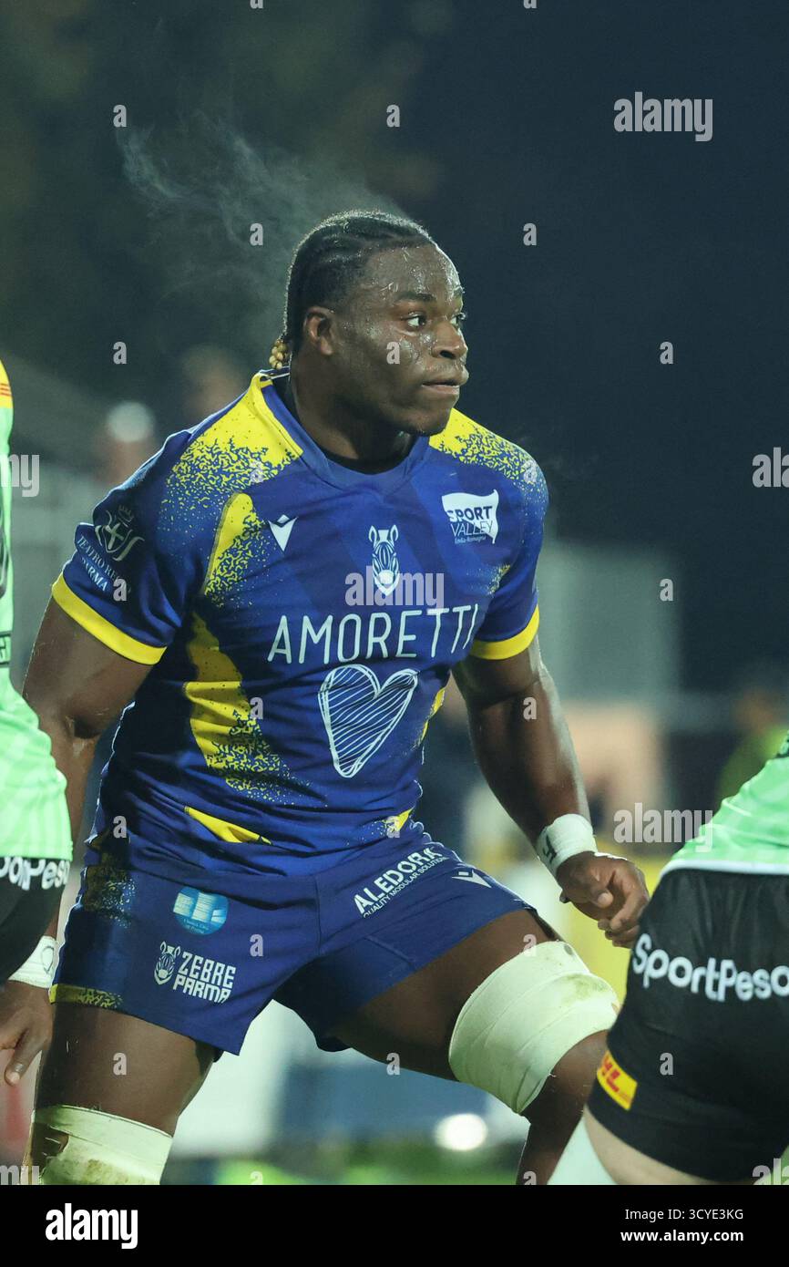 Parma, Italien. Oktober 2025. 18.10.2025, Parma, Stadio Lanfranchi, United Rugby Championship 25/26 Runde 4: Zebre Parma - DHL Stormers, David Odiase (ITA - Zebre's Replacement #20) Credit: Just Pictures GmbH/Alamy Live News Stockfoto