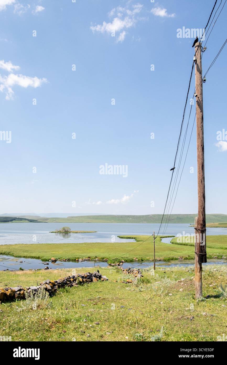 Krähen auf Versorgungsdrähten am Ufer des Paravani Sees mit einer kleinen Insel im Hintergrund. Paravani Lake, Javakheti, Georgia. 18. Juli 2020. Stockfoto
