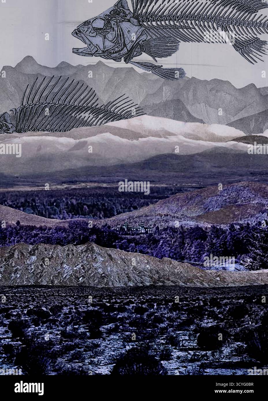 Surreale violette Landschaft, in der sich die Unterwasserwelt an die Oberfläche erhebt – eine eindringliche Traumlandschaft aus Inversion und seltsamen, trockenen Ozeanechos. Stockfoto