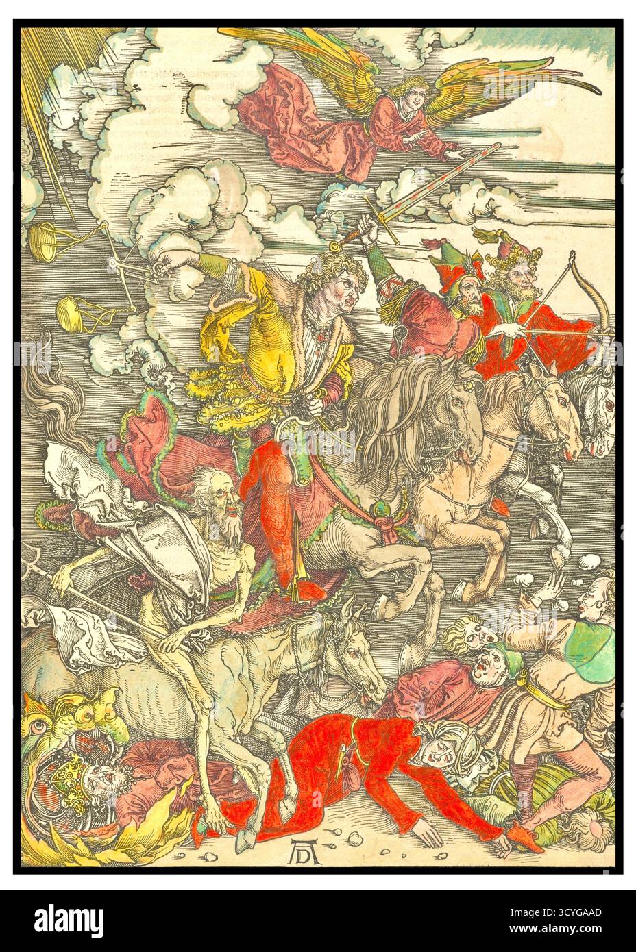 Albrecht Dürer - die vier Reiter der Apokalypse - 1498 - eines der bekanntesten Werke seiner Serie von 15 Illustrationen zum Buch der Offenbarung. Der Druck zeigt eine dynamische und chaotische Szene der vier apokalyptischen Reiter, die Menschen aller sozialen Schichten mit Füßen treten. Jeder Reiter repräsentiert eine andere katastrophale Kraft: Eroberung oder Pestilenz: Der erste Reiter auf einem weißen Pferd, der eine Krone trägt und einen Bogen trägt. Krieg: Der zweite Reiter auf einem roten Pferd, der ein großes Schwert schleudert. Hungersnot: Der dritte Reiter auf einem schwarzen Pferd, der ein Paar Schuppen hält. Der Tod: Der Endreiter. Stockfoto Albrecht Dürer - die vier Reiter der Apokalypse - 1498 - eines der bekanntesten Werke seiner Serie von 15 Illustrationen zum Buch der Offenbarung. Der Druck zeigt eine dynamische und chaotische Szene der vier apokalyptischen Reiter, die Menschen aller sozialen Schichten mit Füßen treten. Jeder Reiter repräsentiert eine andere katastrophale Kraft: Eroberung oder Pestilenz: Der erste Reiter auf einem weißen Pferd, der eine Krone trägt und einen Bogen trägt. Krieg: Der zweite Reiter auf einem roten Pferd, der ein großes Schwert schleudert. Hungersnot: Der dritte Reiter auf einem schwarzen Pferd, der ein Paar Schuppen hält. Der Tod: Der Endreiter. Stockfoto