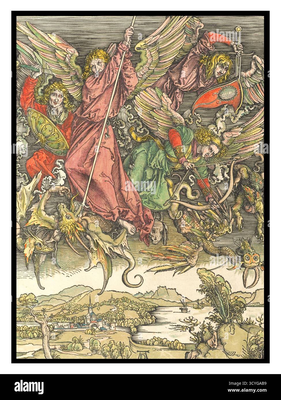 Albrecht Dürer – Sankt Michael im Kampf gegen den Drachen – 1498 – Sankt Michael als Krieger mit gefurchten Augenbrauen, der einem siebenköpfigen Drachen aktiv einen Speer in die Kehle stieß. Er ist umgeben von anderen Engeln, die auch in der Schlacht mit monströsen Kreaturen verwickelt sind. In einem scharfen Kontrast zur chaotischen Schlacht am Himmel ist eine friedliche Landschaft mit einer Stadt und einem Kirchturm zu sehen. Dürers Beherrschung des Holzschnittmediums wird durch die Verwendung von komplizierten Linien zum Erzeugen von Details, Licht und Schatten demonstriert. Das unverwechselbare „AD“-Monogramm des Künstlers befindet sich ebenfalls am unteren Rand des Stücks. Stockfoto
