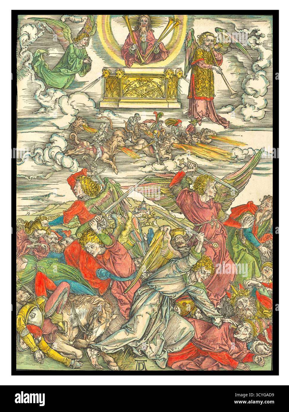 Albrecht Dürer - die vier rächenden Engel - 1498 - Buch der Offenbarung (9:13-21). Nach dem Klang der sechsten Posaune werden vier Engel freigelassen, um ein Drittel der Menschheit zu töten. Hauptbestandteile des Holzschnitts sind: Oberer Abschnitt: Im himmlischen Reich wird ein Engel mit Trompete und viereckigem Altar gezeigt, zusammen mit anderen Engeln und Figuren auf dem Pferd. Unterer Abschnitt: Im irdischen Reich werden vier Kriegerengel mit Schwertern in einer chaotischen Szene von Tod und Zerstörung gesehen. Die Engel schwingen mit ihren Schwertern auf Figuren von gefallenen Menschen, die schrecklich aussehen. Stockfoto