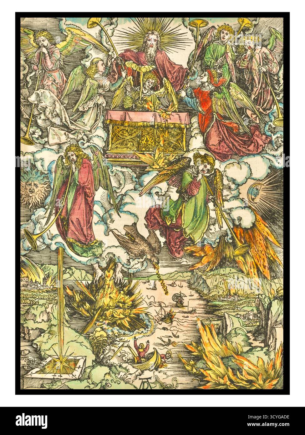 Albrecht Dürer - die sieben Engel mit den Trompeten - 1498 - Offenbarung Kapitel 8 und 9. Die Spitze des Bildes zeigt Gott auf einem Thron, mit Engeln um ein goldenes Räuchergefäß und einen goldenen Altar. In der Mitte nimmt ein Engel Feuer vom Altar und wirft es auf die Erde, was Donner, Blitze und ein Erdbeben verursacht. Sieben Engeln werden dann Trompeten gegeben, und während die ersten vier ihre Trompeten klingen, entfaltet sich eine Reihe von Katastrophen auf der Welt darunter. Dazu gehören Hagel, Feuer und Blut, das ein Drittel der Erde und des Meeres verbrennt, sowie ein Drittel der Flüsse, die vergiftet werden. Stockfoto