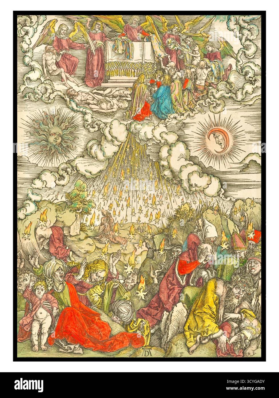 Albrecht Dürer - Eröffnung des fünften und sechsten Siegels - 1498 - Apokalypse-Serie mit Szenen aus dem Buch Offenbarung - der Druck ist in zwei Hauptabschnitte unterteilt - Oberteil: Dieser Teil zeigt die Öffnung des fünften Siegels und zeigt eine himmlische Szene. Engel und Heilige versammeln sich um einen Altar, und Märtyrer erhalten weiße Gewänder - unterer Abschnitt: Dieser Abschnitt veranschaulicht die Ereignisse des sechsten Siegel. Auf der Erde entfaltet sich eine chaotische Szene, wenn Sterne vom Himmel fallen, und Menschen in verschiedenen zuständen des Terrors und der Verzweiflung werden gezeigt, die versuchen, sich vor der kosmischen Katastrophe zu verstecken. Stockfoto