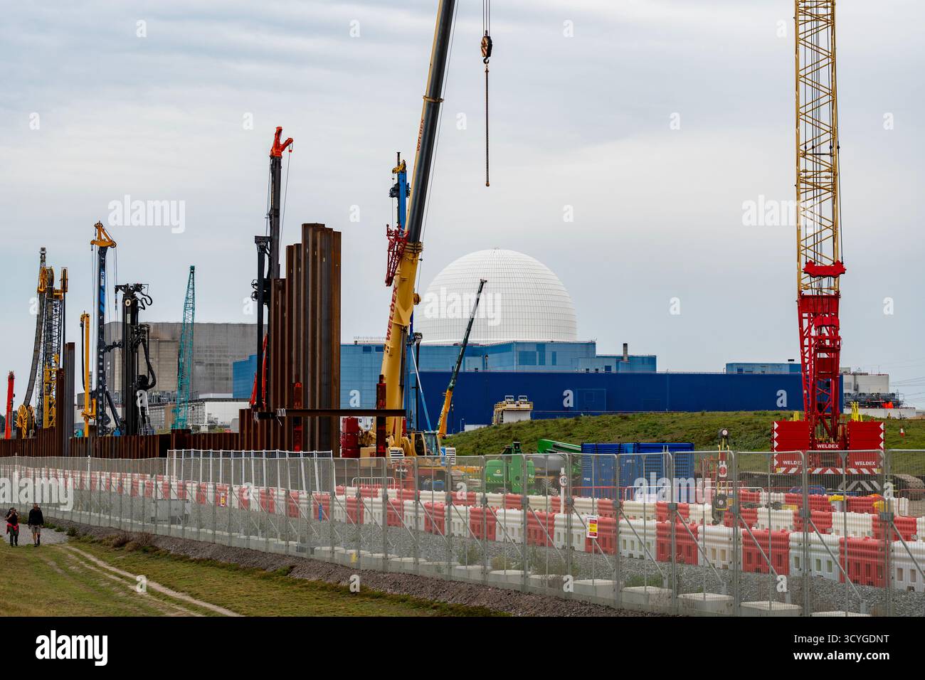 Rammarbeiten, um das Eindringen von Meerwasser in die Baustelle des Kernkraftwerks Sizewell C Suffolk UK zu verhindern Stockfoto