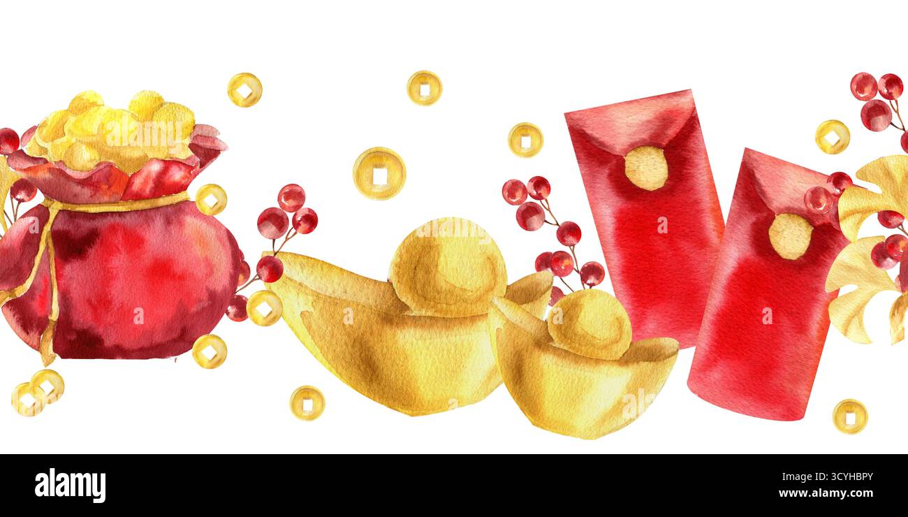 Chinesische Mondkalender festliche Grenze mit Barren, goldenen Münzen in roter Tasche, Umschlägen, Gingko-Blätter und Beeren Aquarellillustration. Frühlingsfest Stockfoto