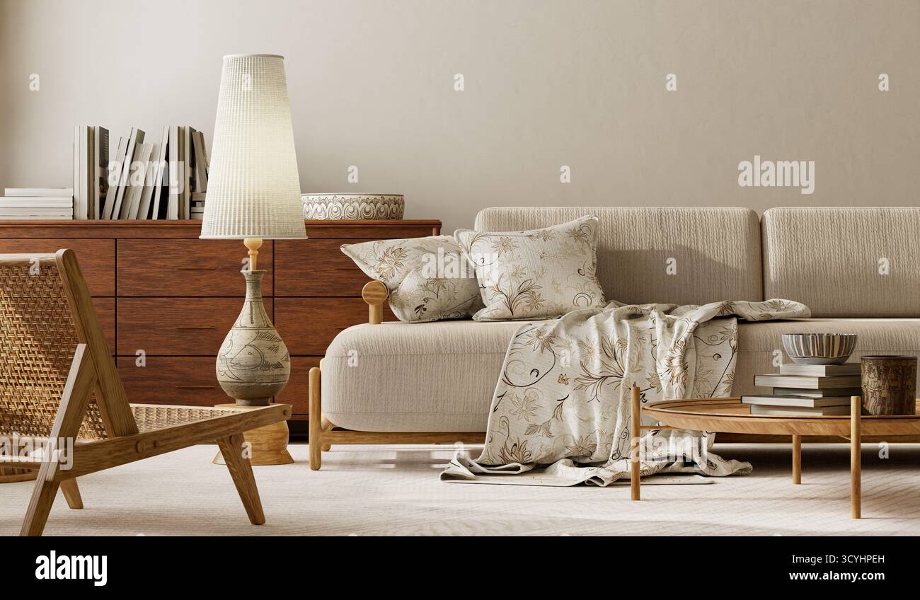 Ein ruhiges, neutrales Wohnzimmer mit Holzmöbeln, dezenter Beleuchtung und minimalistischen Details. 3D-Abbildung. Stockfoto