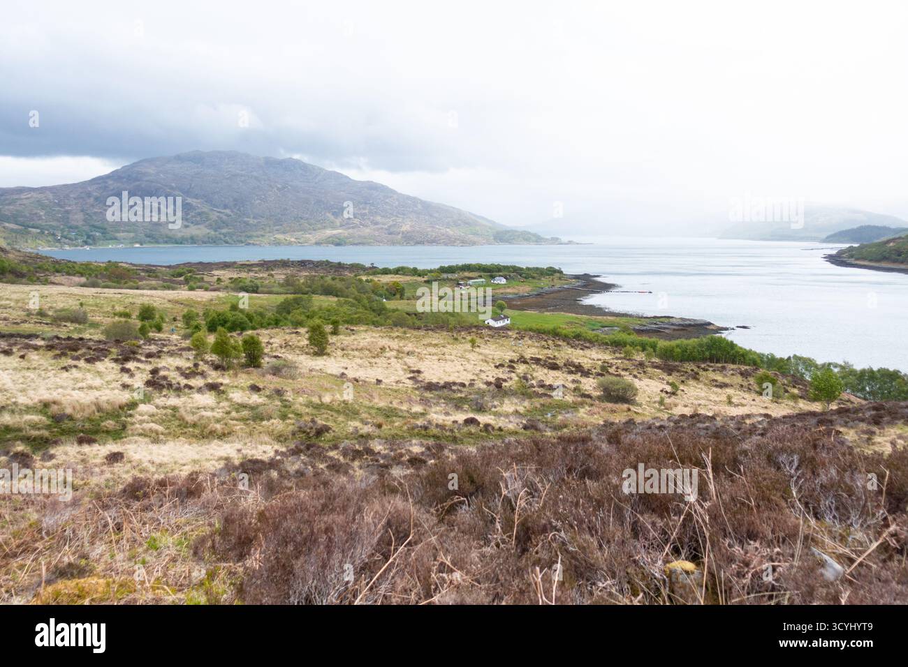 Abgelegenes weißes Ferienhaus an der zerklüfteten Küste der Isle of Carna, schottische Highlands Stockfoto