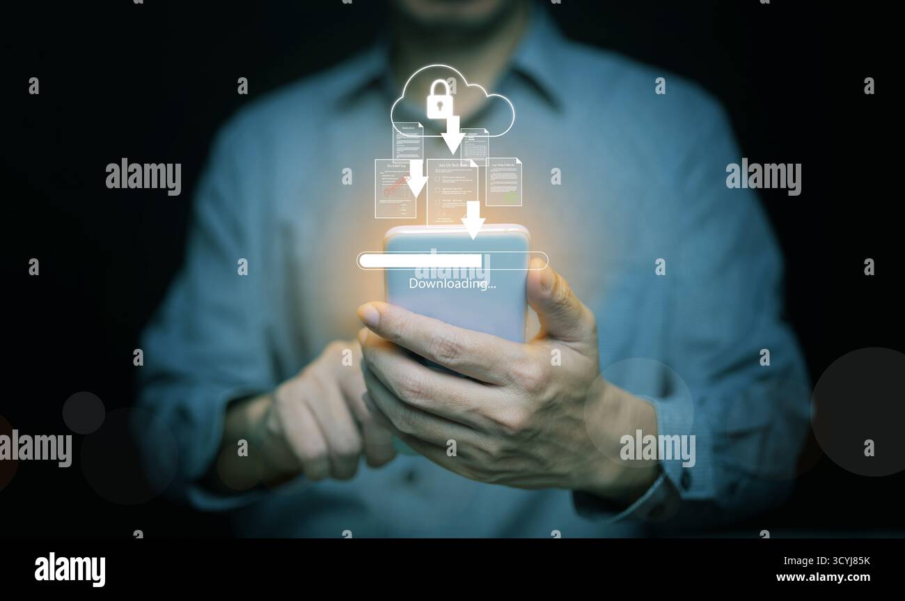 Modernes Konzept der Cloud-Technologie, das das Herunterladen von Daten vom sicheren Speicher auf das Smartphone ermöglicht. Perfekt für die Illustration von Cloud-Computing, mobilen Netzwerken, Stockfoto