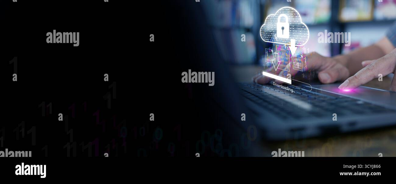 Zukunftsweisendes digitales Konzept, das das Herunterladen von Cloud-Daten mit binärem Code zeigt. Ideal für die Illustration von Cybersicherheit, Cloud-Computing und se Stockfoto