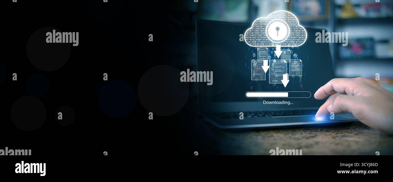 Zukunftsweisendes Konzept für den Download digitaler Dateien aus einem sicheren Cloud-Netzwerk. Ideal für die Darstellung von Cybersicherheit, Datenverwaltung, Cloud-Service und Stockfoto