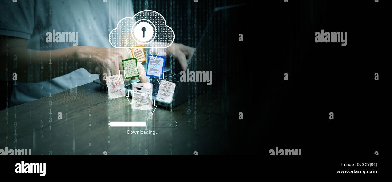Futuristisches digitales Konzept mit sicherem Download von Cloud-Dateien und Datentransfer vom Laptop. Perfekt für die Darstellung von Cybersicherheit, Online-Backup, an Stockfoto
