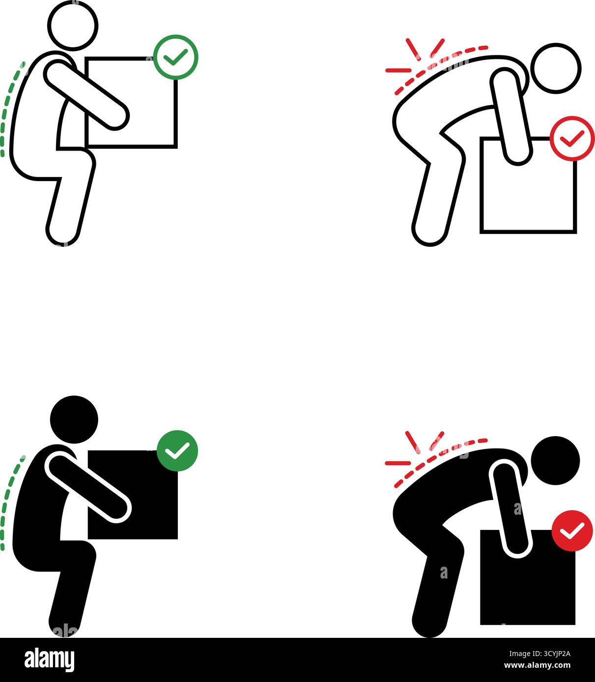 Gewicht mit korrekter und falscher Haltung, Symbolsatz für die Haltung der Wirbelsäule, Vektor, anpassbarer Hub Stock Vektor