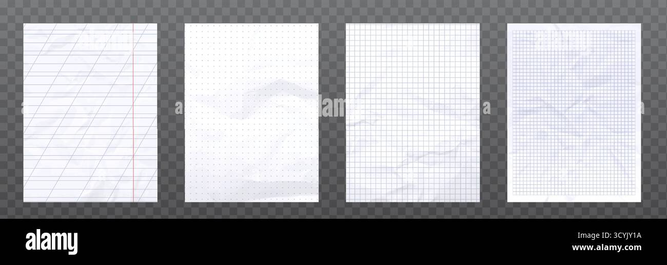 Rastermuster aus Notizbuch-Papier auf transparentem BG - linierte, gepunktete und quadratische Blattstrukturen in weiß mit blauen Leitlinien. Vorlagen für Schreibwaren in Schulen und Büros für Bildungs- oder Planungsentwürfe. Stock Vektor Rastermuster aus Notizbuch-Papier auf transparentem BG - linierte, gepunktete und quadratische Blattstrukturen in weiß mit blauen Leitlinien. Vorlagen für Schreibwaren in Schulen und Büros für Bildungs- oder Planungsentwürfe. Stock Vektor