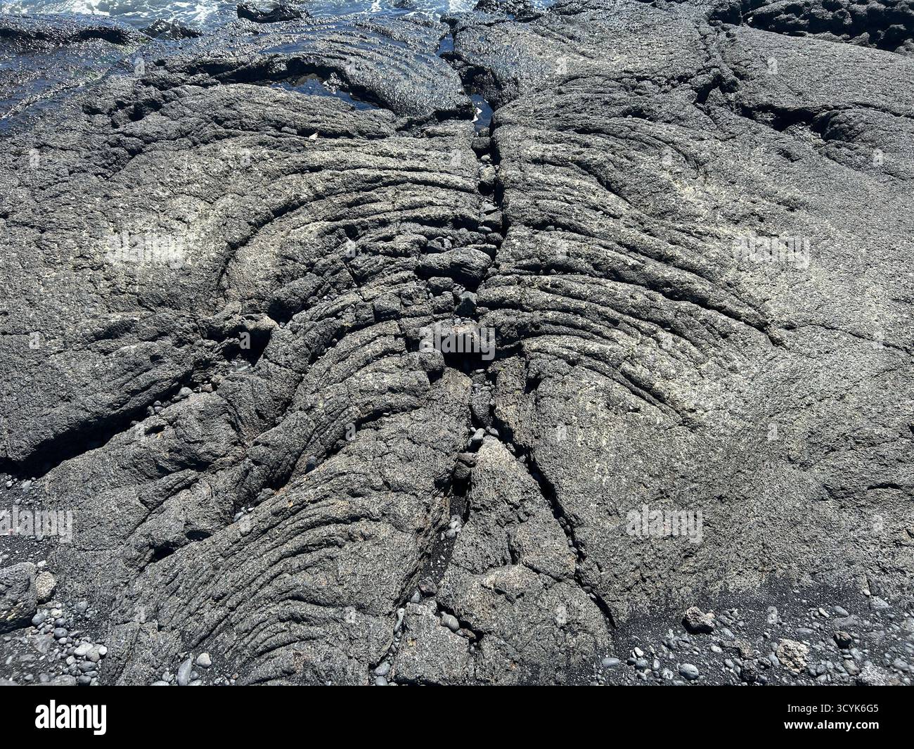 Ein alter Lavastrom, der mehr wie ein fossiles Wesen im Punalu'u Black Sand Beach State Park, Hawaii, USA, aussieht Stockfoto
