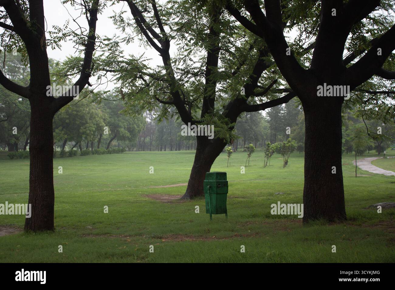 Bäume umgeben die weitläufigen grünen Rasenflächen des Nehru Park im Zentrum von Delhi, Indien. Stockfoto