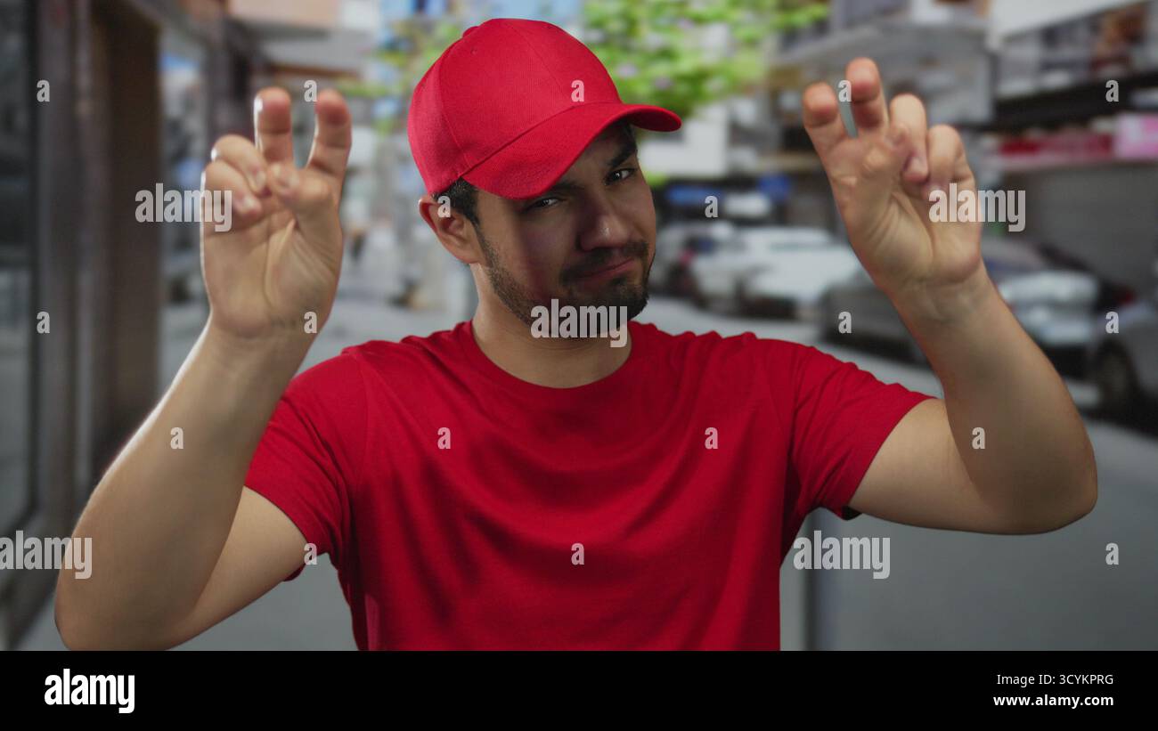 Junger hispanischer Mann in rotem Hemd und Mütze mit Gesten von Luftzitieren mit beiden Händen auf der Stadtstraße; Sarkasmus. Stockfoto
