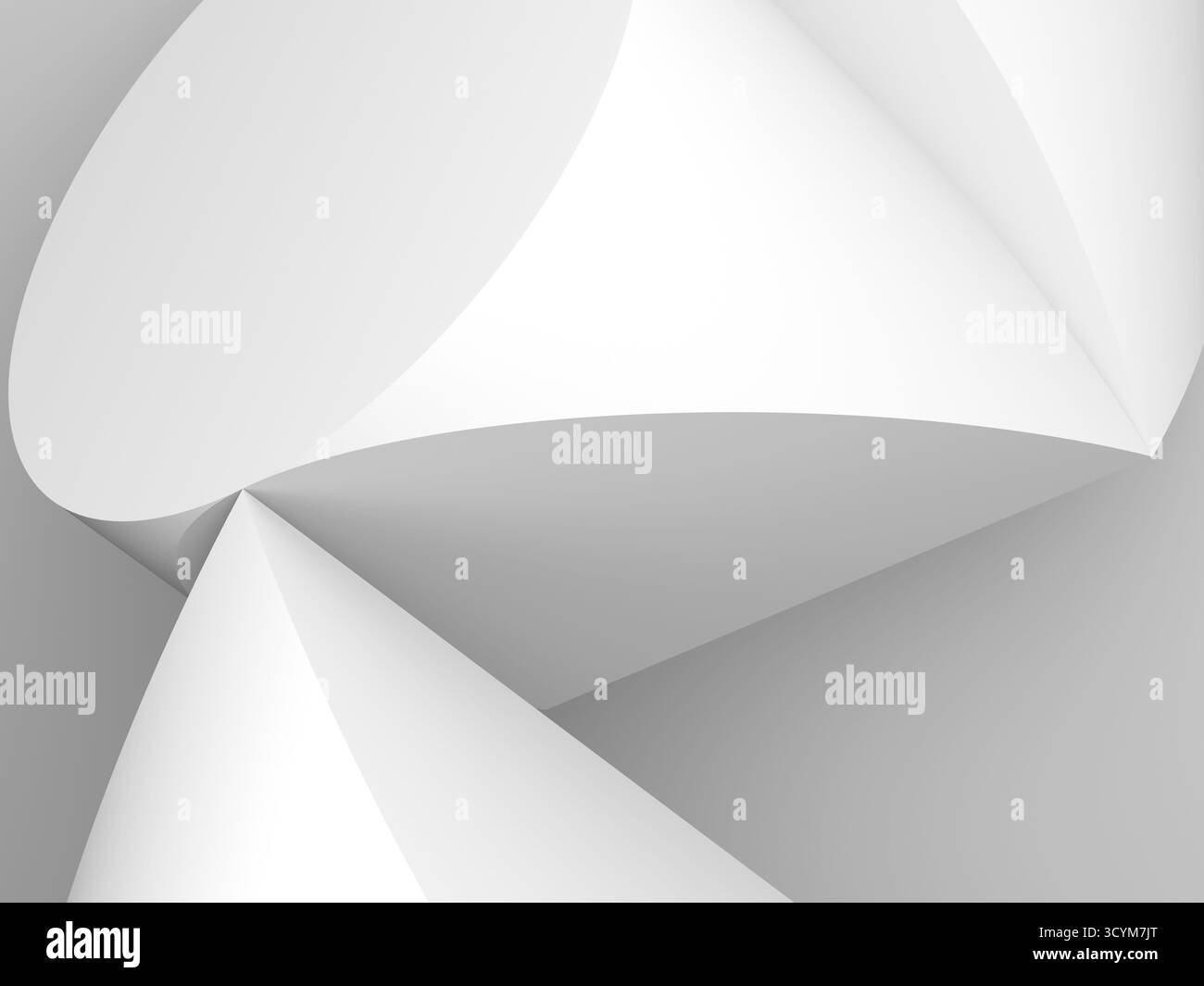 Eine klare, abstrakte Komposition aus weißen geometrischen Formen und weichen Schatten schafft einen modernen, minimalistischen Hintergrund, der sich für Technologie, Business oder Kreationen eignet Stockfoto