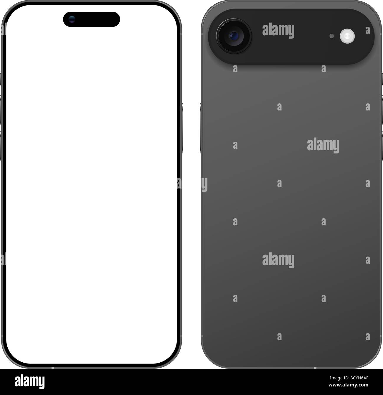 Neueste Vorlage für Modelle auf der Vorder- und Rückseite des Mobiltelefons 2025. Schwarzes Smartphone mit Vektorgrafik des Kameramoduls Stock Vektor