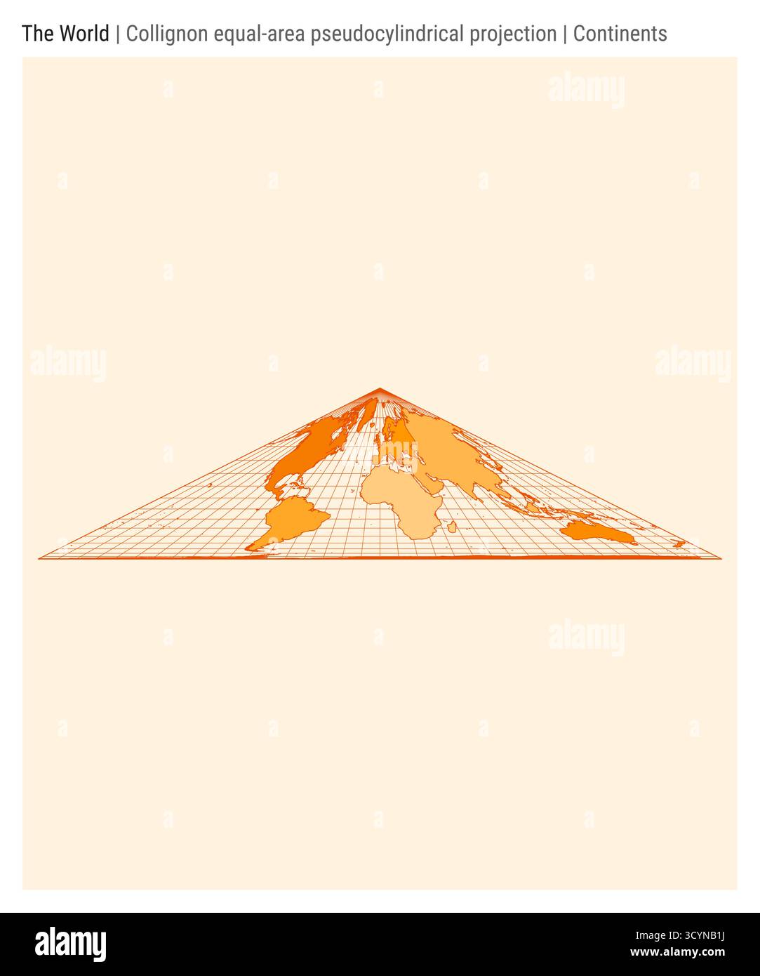 Weltkarte. Kollignon-EQUAL-Area-pseudozylindrische Projektion. Kontinentalstil. Stock Vektor