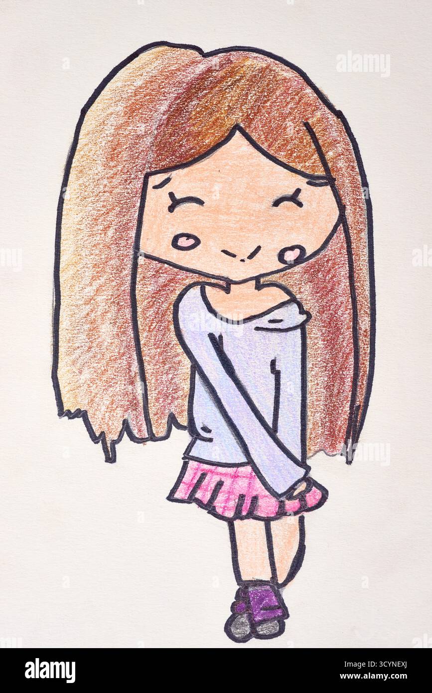 Eine bezaubernde, farbige Bleistiftzeichnung eines schüchternen Anime-Mädchens. Diese Figur ist auf strukturiertem Papier handgezeichnet und verleiht ihr ein authentisches, naives Kunstgefühl. P Stockfoto