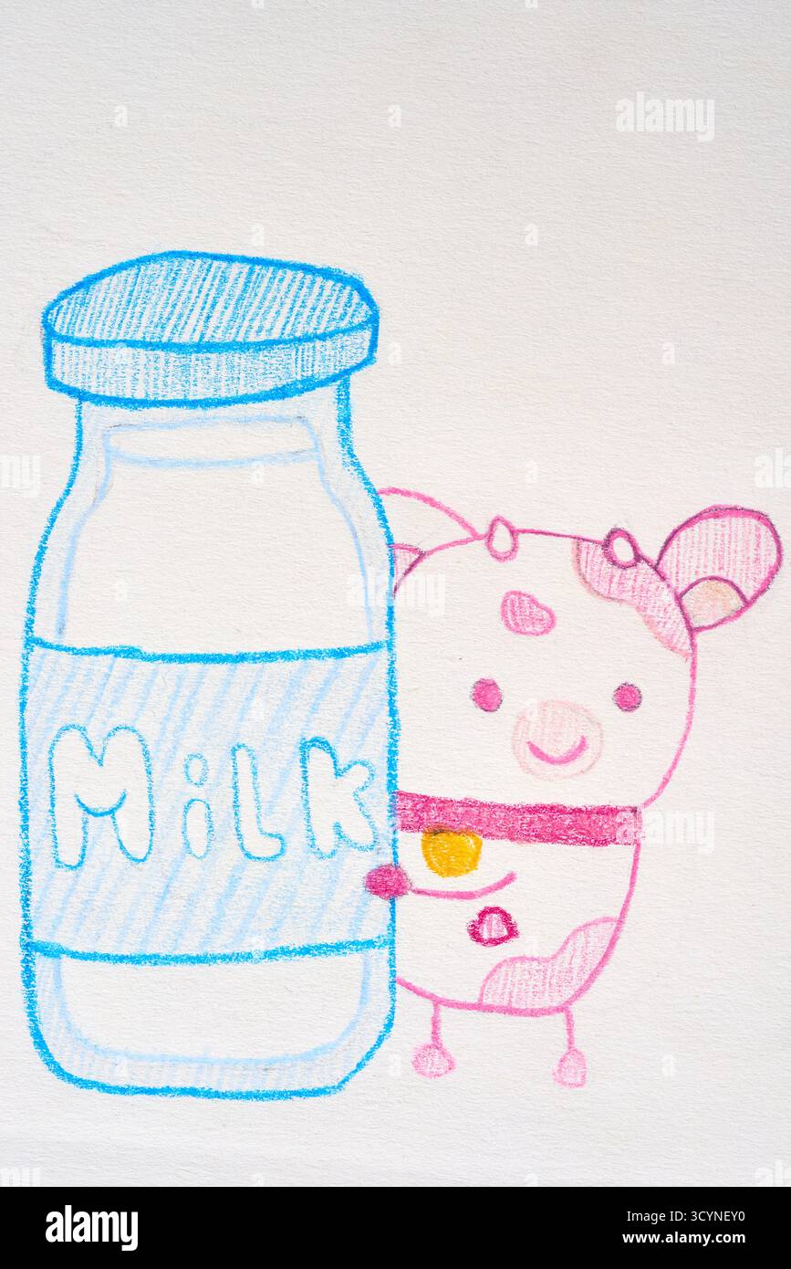 Eine süße, handgemachte Illustration einer rosa Kuh, die eine Milchflasche umarmt. Diese kindliche Buntstiftzeichnung ist auf strukturiertem Papier, perfekt für Stockfoto