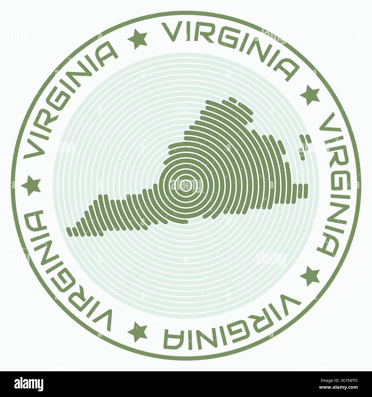 Virginia Karte mit rundem Titel. Geben Sie die Formringe an. Virginia-Text um die Form der Statusbegrenzung. Kreative Vektorillustration. Stock Vektor