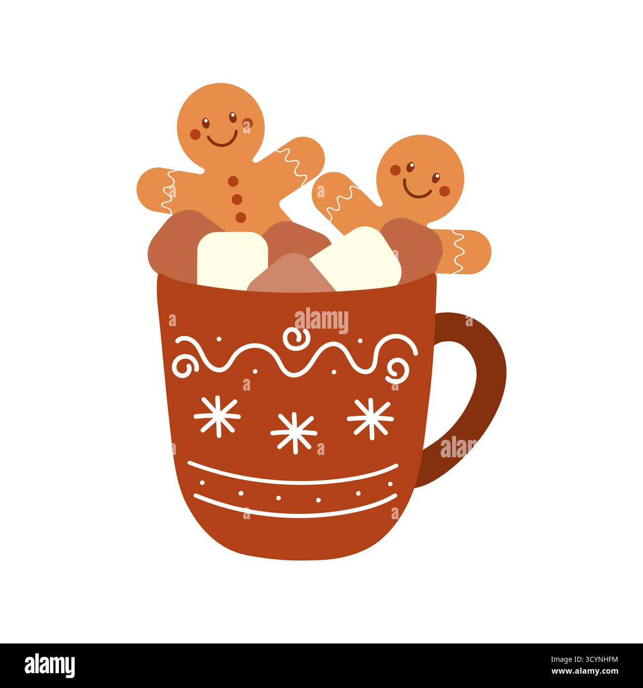 Weihnachtsbecher heiße Schokolade mit Marshmallows und Lebkuchenmännern. Brauner Becher mit heißem Kakao, verziert mit Schneeflocken-Ornamenten. Wintergetränk isoliert Stock Vektor