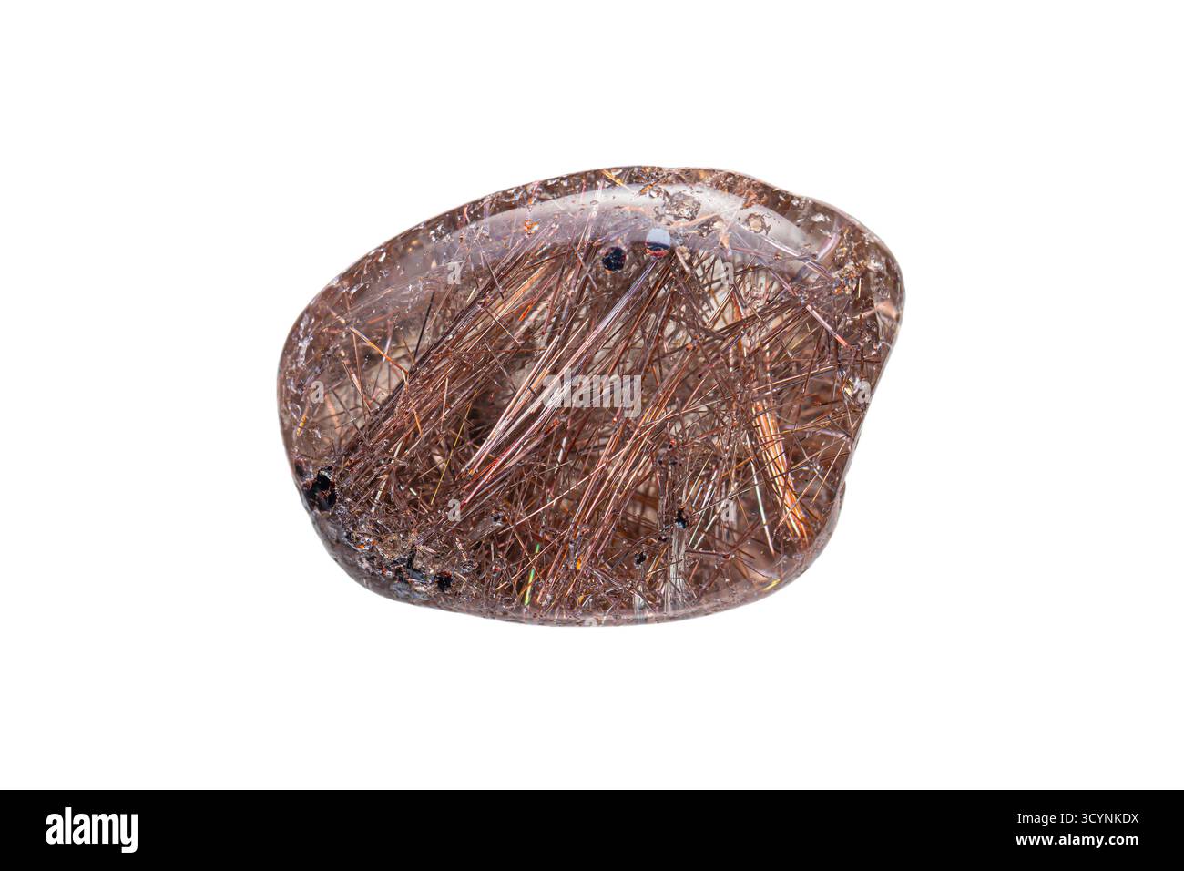 Rutilierter Kupfer-Quarz, eine Vielzahl von rutilierten Quarzen, die nadelförmige Einschlüsse von Kupfer oder kupferfarbenen Mineralien enthalten Stockfoto