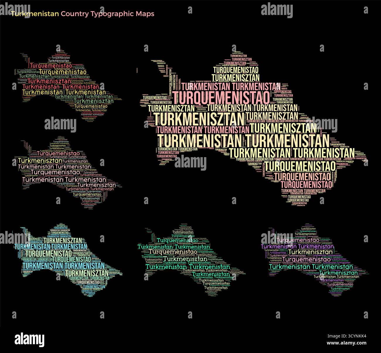 Set von typografischen Länderabbildungen für Turkmenistan. Die Kartenform Turkmenistans wird durch horizontale und vertikale Ländernamen gebildet. Stock Vektor