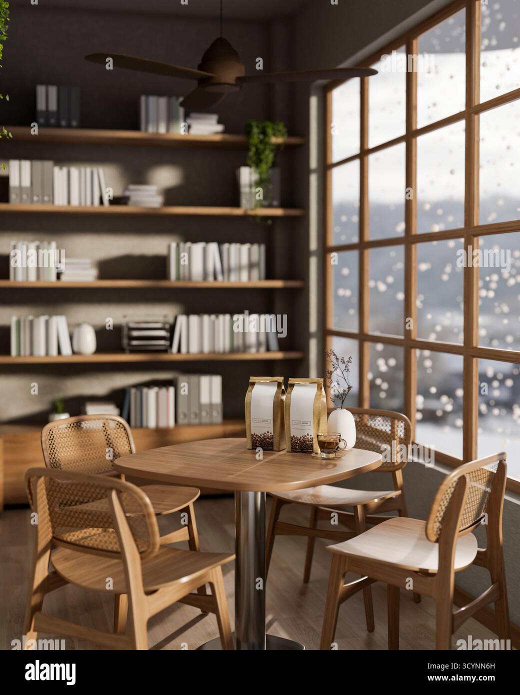 Holzhocker und Stühle mit Kaffeetasse und Kaffeebohnsäcken in einem Café oder Buchladen mit Schnee draußen. 3D-Rendering, 3D-Illustrationen. Stockfoto