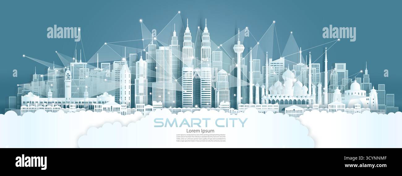 Technologie drahtlose Netzwerkkommunikation Smart City mit Architektur in Malaysia an der Skyline der asiatischen Innenstadt für Design-Bannertechnologie, Vector illus Stock Vektor