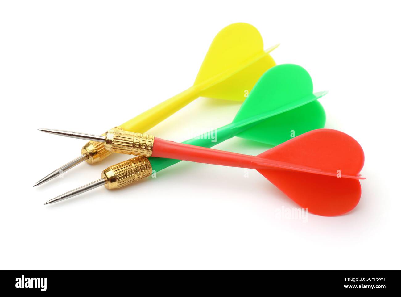 Drei bunte Plastikpfeile isoliert auf weiß Stockfoto