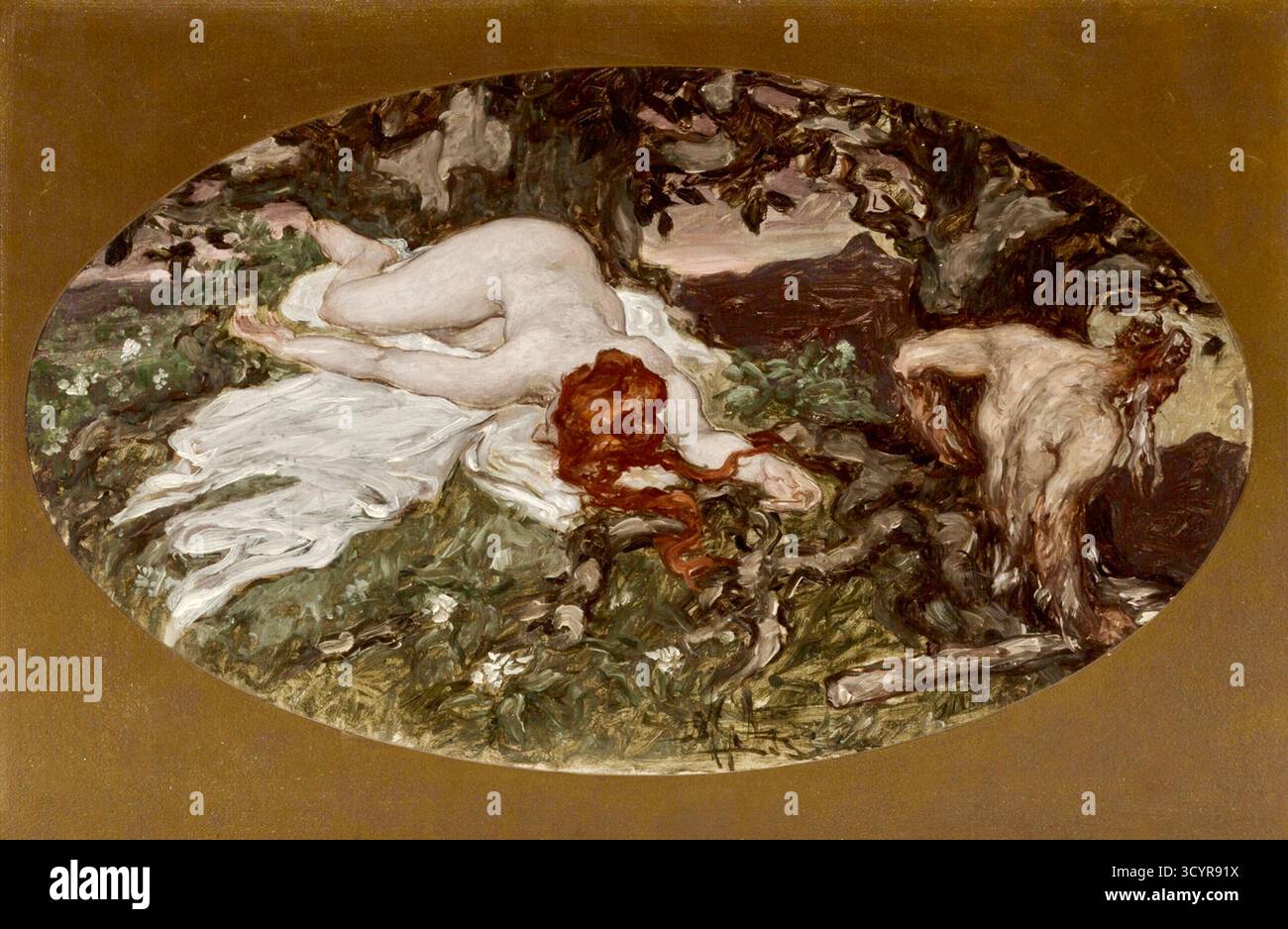 Albert Beck Wenzell - Heartbreak - 1910 - Flirtation and Heartbreak, zeigt eine mythische Szene mit einem Satyr und einer Frau (möglicherweise einer Nymphe) in einem Baum. Der Satyr ist halb Mensch, halb Ziege und trägt Trauben. Diese Art von Thema, mit Satyren und Nymphen, ist ein gängiges Thema in Kunst und Literatur und symbolisiert oft die leidenschaftlichen und schönen Kräfte der Natur. Stockfoto