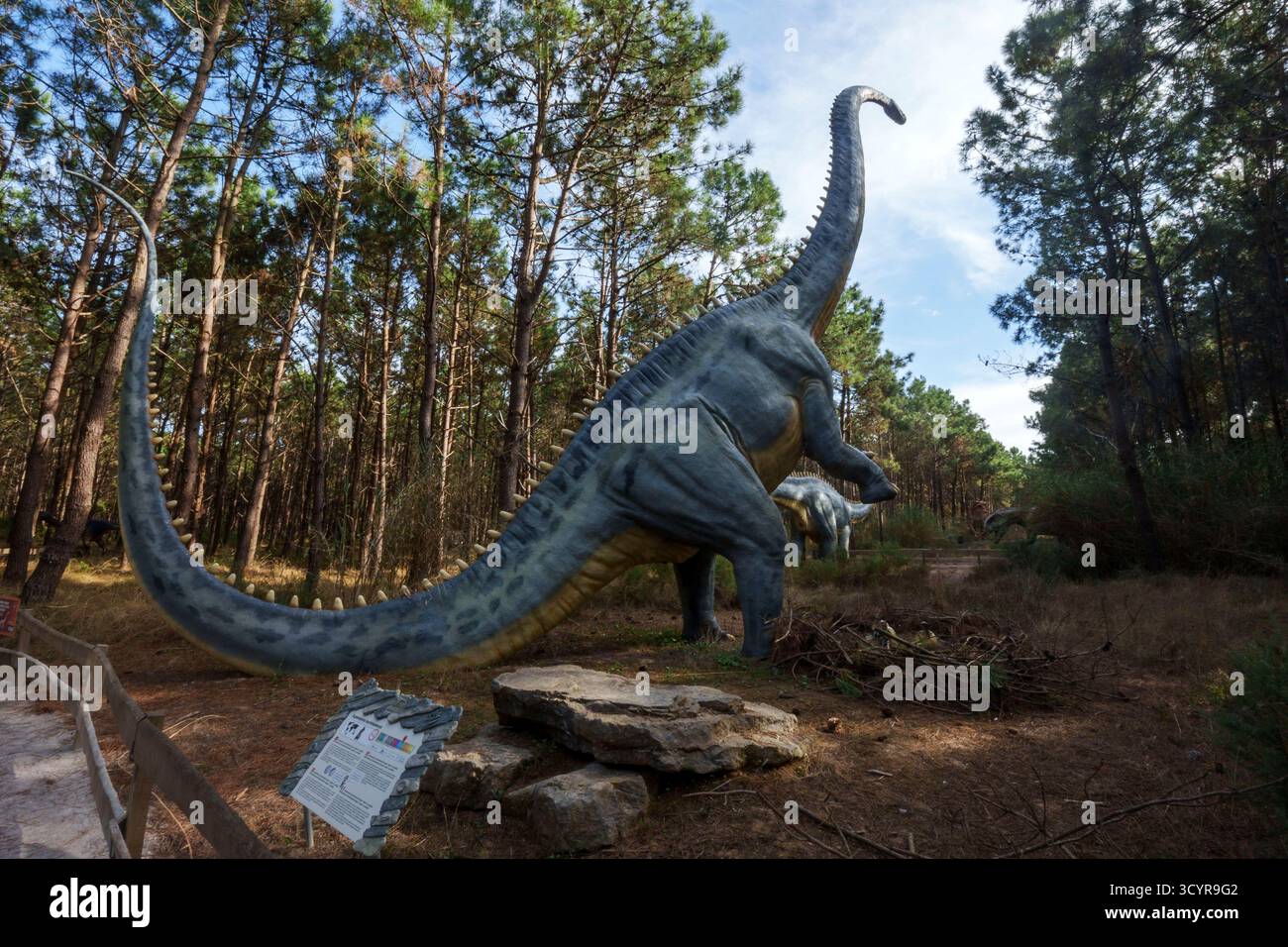 Lebensgroße Skulptur eines Supersaurus Lourinhanensis Sauropoden-Dinosauriers in Stockfoto