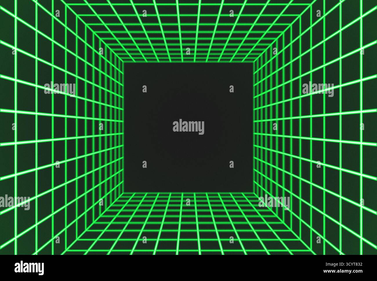 Hintergrund des grünen Synthwave-Quadrat-Rasters zur Leere mit Retro-Korneffekt Stockfoto