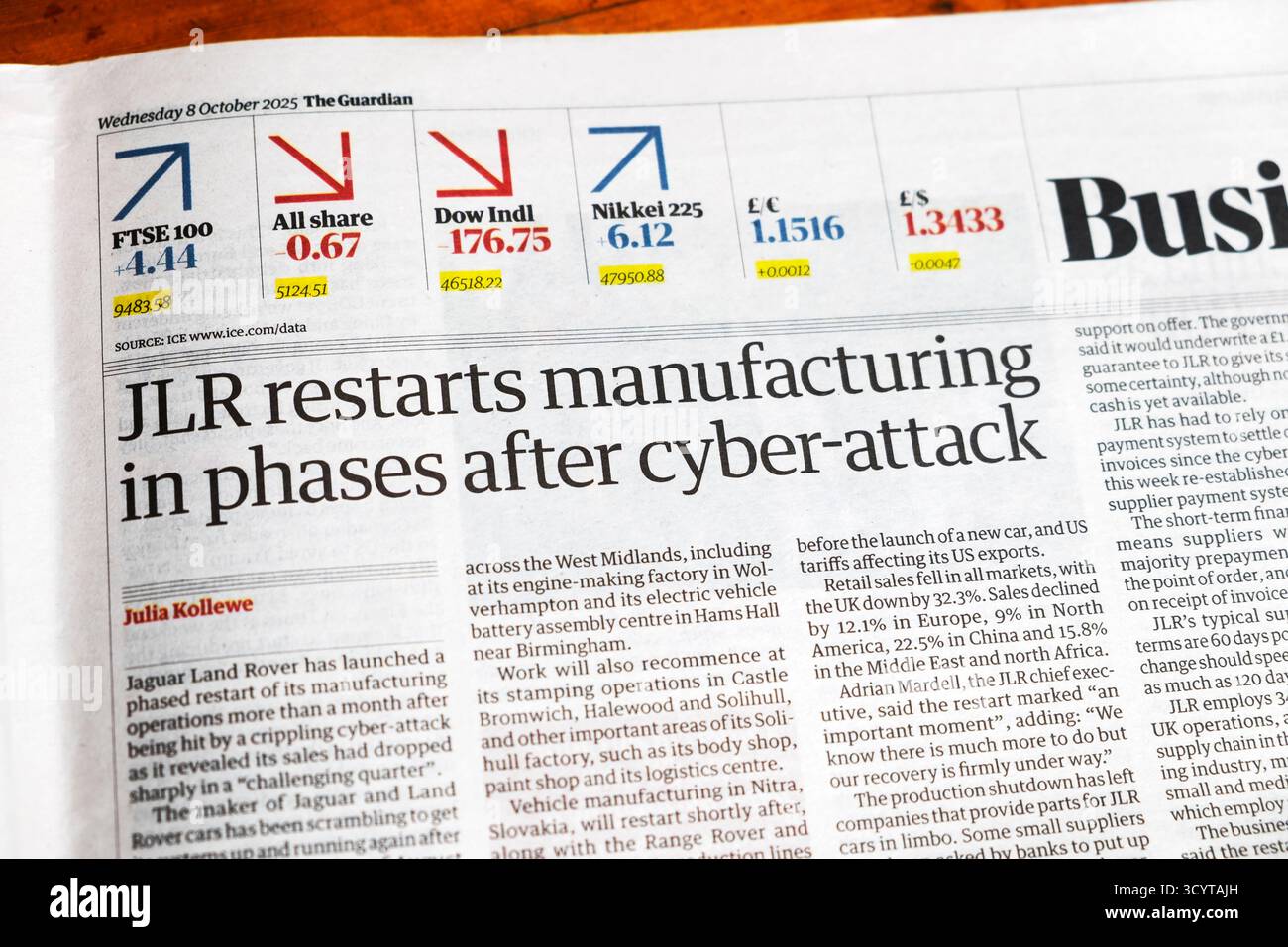 „JLR startet die Fertigung in Phasen nach Cyberangriffen“, Schlagzeile der Zeitung „Jaguar Land Rover“, artikel 8. Oktober London England Großbritannien Stockfoto
