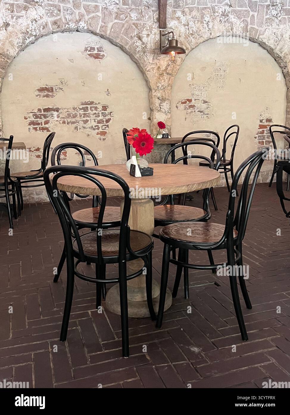 Charmantes Café in Tajrish, Teheran, mit rustikalen Steinwänden, Holztischen, schwarzen Stühlen und roten Blumen, die eine gemütliche Atmosphäre schaffen. Stockfoto Charmantes Café in Tajrish, Teheran, mit rustikalen Steinwänden, Holztischen, schwarzen Stühlen und roten Blumen, die eine gemütliche Atmosphäre schaffen. Stockfoto