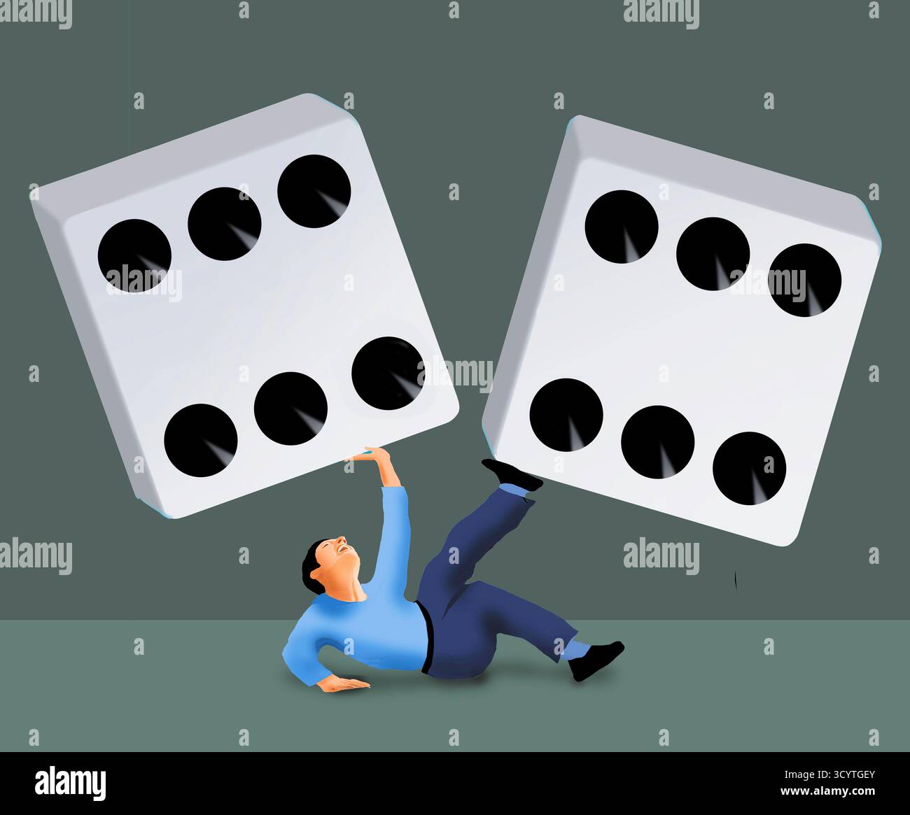 Ein Mann wird von dem Köder der Würfel und des Glücksspiels überwältigt, in einer 3D-Illustration über Glücksspielschulden. Stockfoto