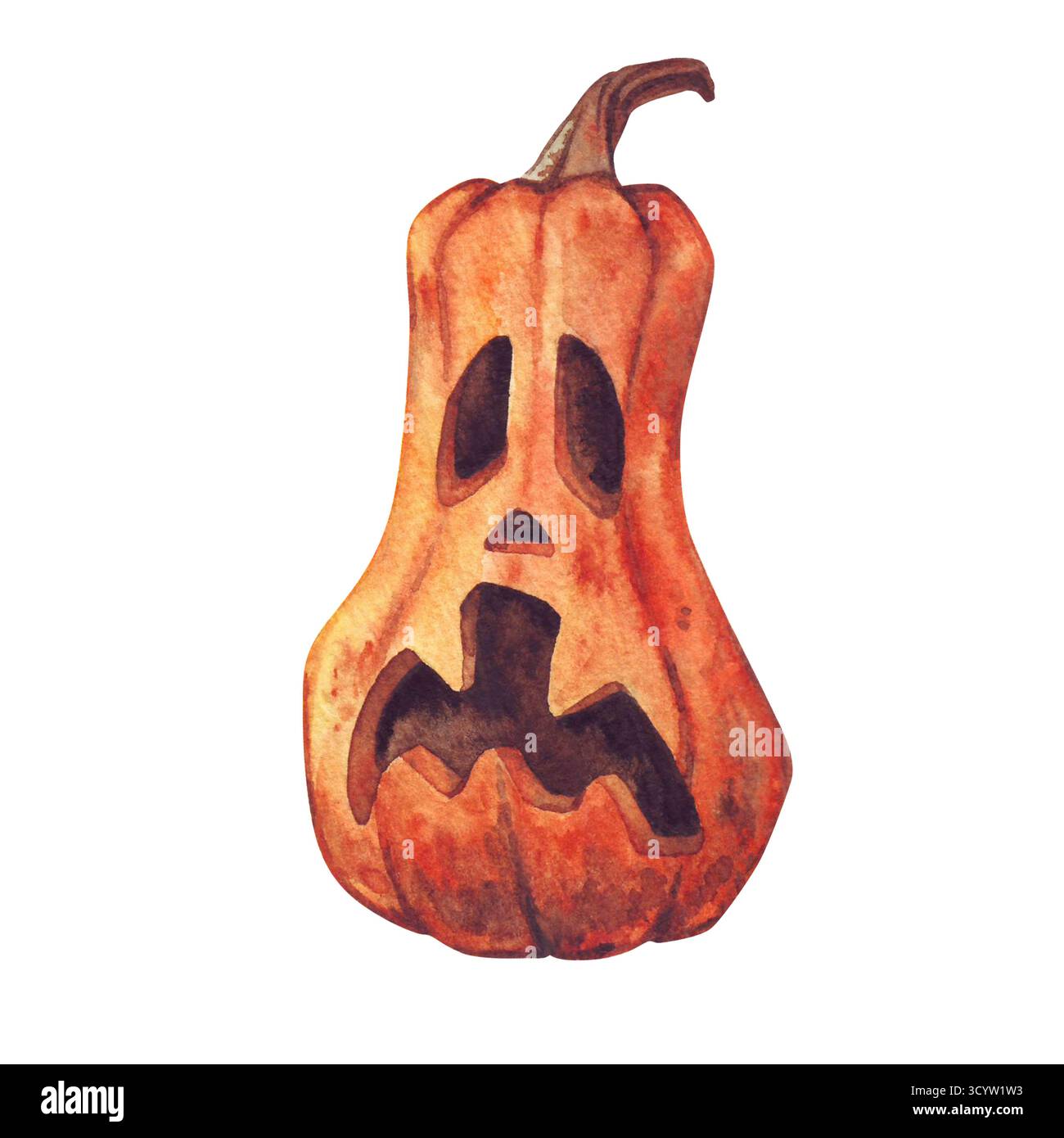 Orangefarbener Kürbis mit einem verängstigten Gesicht für Halloween. Gestreckter Vogelscheuchenkopf, Herbstgemüse. Isolierte Vintage Aquarellillustration auf weißem Hintergrund Stockfoto
