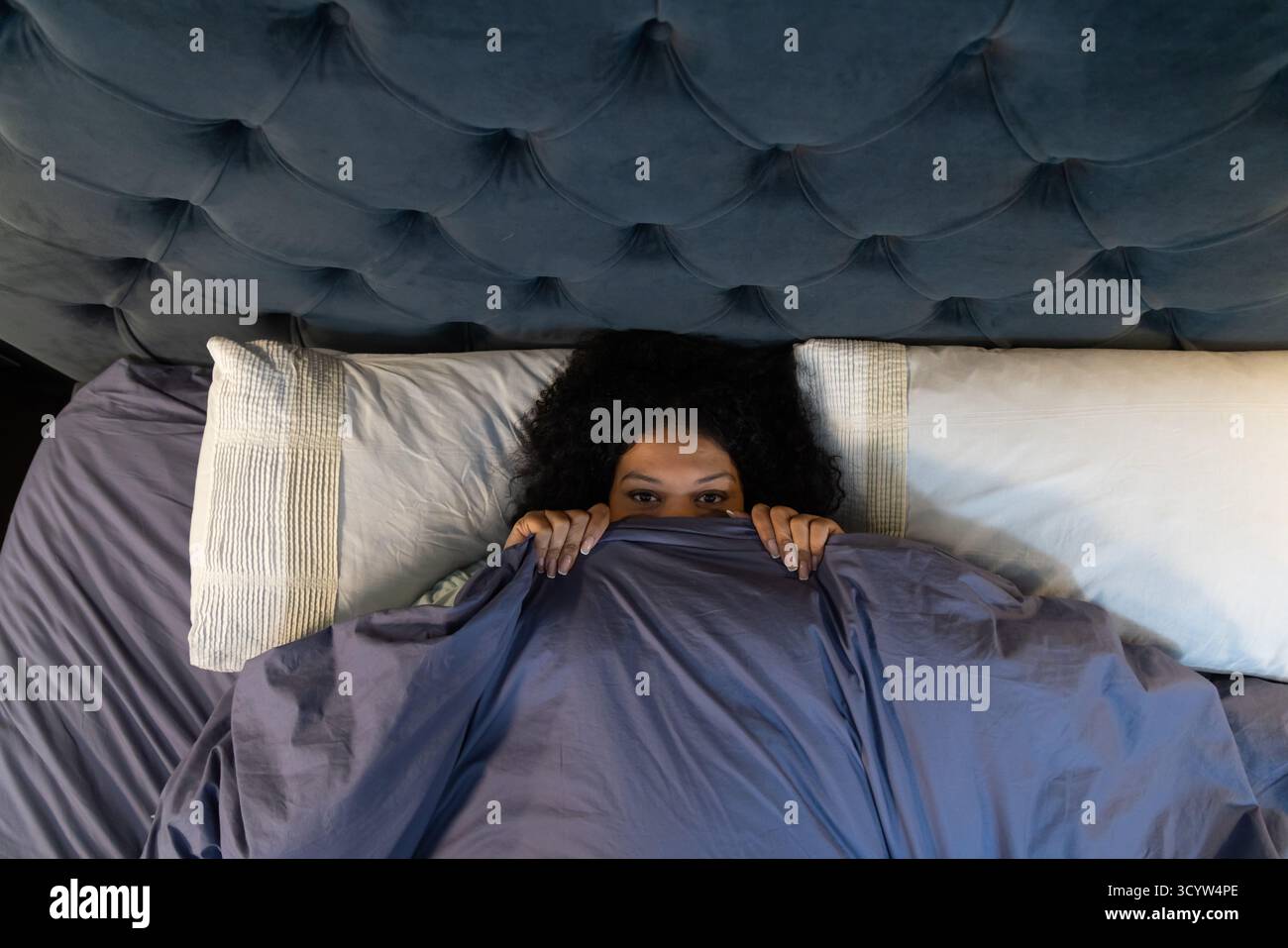 Afroamerikanische, mittelErwachsene Frau, die zu Hause unter blauer Bettdecke gegen das getuftete Kopfteil guckt Stockfoto