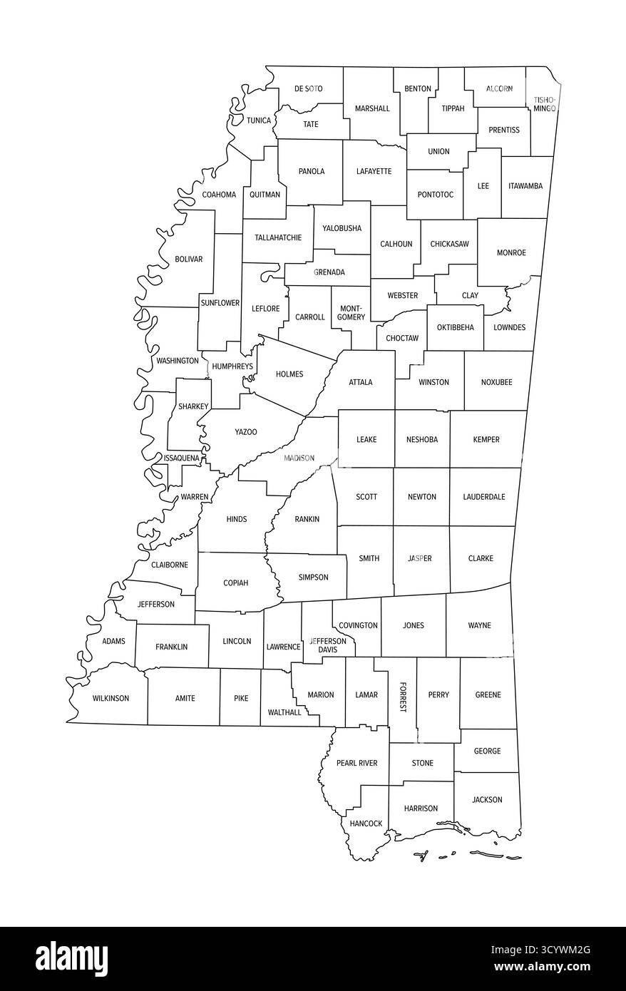 Bundesstaat Mississippi, unterteilt in 82 Countys, Umrisskarte. Bundesstaat im Südosten der Vereinigten Staaten. Stockfoto