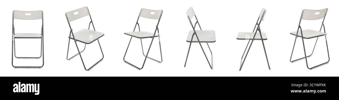 Stilvoller Stuhl isoliert auf weiß, Set. Gebrauchte Möbel Stockfoto