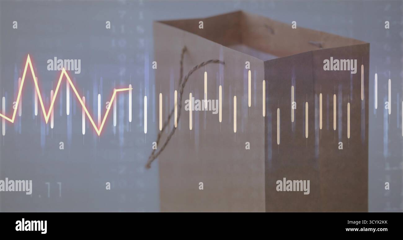 Anzeige einer braunen Einkaufstasche aus Papier mit Überlagerung von Finanzdiagrammen im Studio, Datenvisualisierung Stockfoto